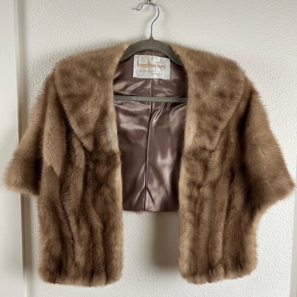 Vintage Mink Stole Mid Century Light Brown Satin Lining